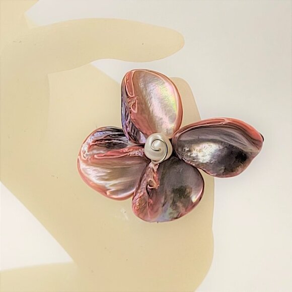 Peach Pink Shell with Freshwater Pearl Bead Asymmetric Flower Adjustable Ring - Picture 12 of 16